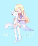  1girl alola_form alolan_vulpix ame025 aqua_background blonde_hair braid dress flower gen_1_pokemon green_eyes lillie_(pokemon) long_hair one_eye_closed pokemon pokemon_(anime) pokemon_(creature) pokemon_sm_(anime) simple_background sitting sleeveless sleeveless_dress smile twin_braids white_dress 