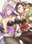  2girls alternate_costume animal_ears bare_shoulders black_gloves breast_press breasts brown_hair bunnysuit camilla_(fire_emblem_if) carrot easter_egg egg eye_contact fake_animal_ears fire_emblem fire_emblem_heroes fire_emblem_if flower gebyy-terar gloves hair_flower hair_ornament hair_over_one_eye kagerou_(fire_emblem_if) large_breasts leotard looking_at_another multiple_girls pantyhose purple_hair rabbit_ears simple_background white_background 