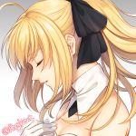  1girl ahngkeut ahoge artoria_pendragon_(all) bare_shoulders black_bow blonde_hair blush bow breasts cleavage detached_collar fate/unlimited_codes fate_(series) from_side gloves gradient gradient_background grey_background hair_bow hand_on_own_chest long_hair parted_lips ponytail profile saber_lily shiny shiny_hair sidelocks smile solo strapless twitter_username upper_body white_gloves 