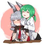  2girls bangs bitchcraft123 blush breasts buttons closed_eyes closed_mouth collarbone dress eyebrows eyebrows_visible_through_hair female_admiral_(kantai_collection) frown gloves green_hair grey_hair hair_between_eyes hair_bobbles hair_ornament hair_ribbon hand_in_another&#039;s_hair hand_on_another&#039;s_head headgear kantai_collection long_hair long_sleeves multicolored multicolored_clothes multicolored_gloves multiple_girls murakumo_(kantai_collection) nose_blush orange_eyes red_ribbon remodel_(kantai_collection) ribbon short_hair small_breasts smile strapless strapless_dress sweatdrop tress_ribbon white_dress white_gloves 