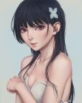  1girl artist_name bangs bare_shoulders black_hair blue_background blunt_bangs bra breasts cleavage collarbone flower grey_background hair_flower hair_ornament hand_up highres long_hair looking_at_viewer medium_breasts miura-n315 nose parted_lips red_eyes sanka_rea sankarea simple_background small_breasts smile solo spaghetti_strap strap_slip underwear upper_body watermark web_address white_bra 