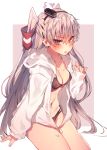  1girl alternate_costume amatsukaze_(kantai_collection) arm_support bangs bikini black_bikini blush breasts brown_eyes cleavage collarbone embarrassed eyebrows_visible_through_hair fang hair_between_eyes hair_tubes hand_up highres hood hood_down hoodie legs_together long_hair long_sleeves looking_at_viewer open_clothes open_hoodie open_mouth sidelocks silver_hair sitting small_breasts smokestack solo somkestack_hair_ornament soukou_makura swimsuit thighs two_side_up very_long_hair water_drop wet windsock zipper 