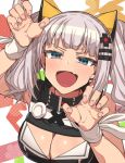  1girl :d bangs blue_eyes blush breasts claw_pose cleavage cleavage_cutout erere fang hair_ornament kaguya_luna kaguya_luna_(character) looking_at_viewer medium_breasts nail_polish open_mouth pink_nails short_hair silver_hair smile solo twintails upper_body virtual_youtuber x_hair_ornament 
