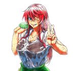  1girl blue_eyes braid commentary commentary_request green_vest hong_meiling one_eye_closed redhead see-through shirt simple_background smile sweat touhou twin_braids v vest wet wet_clothes wet_shirt white_background white_shirt 