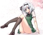  1girl amagi_(amagi626) ass black_bow black_hairband black_legwear black_neckwear black_ribbon blue_eyes blush bow breasts cherry_blossoms commentary_request eyebrows_visible_through_hair green_skirt green_vest hair_ribbon hairband head_tilt kneehighs knees_up konpaku_youmu loafers looking_at_viewer neck_bow parted_lips petals petticoat puffy_short_sleeves puffy_sleeves ribbon shirt shoes short_hair short_sleeves silver_hair simple_background sitting skirt small_breasts solo touhou vest white_background white_shirt 