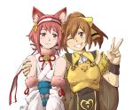  2girls animal_ears blush brown_eyes brown_hair dl dyute_(fire_emblem) fire_emblem fire_emblem_echoes:_mou_hitori_no_eiyuuou fire_emblem_heroes fire_emblem_if fox_ears hand_on_another&#039;s_shoulder multiple_girls one_eye_closed pink_hair sakura_(fire_emblem_if) simple_background smile white_background 
