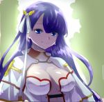  1girl aoba_(smartbeat) backlighting breasts center_opening cleavage closed_mouth earrings fate/grand_order fate_(series) hair_ribbon jewelry long_hair looking_at_viewer medium_breasts revealing_clothes ribbon saint_martha shiny shiny_skin short_sleeves smile solo straight_hair upper_body white_ribbon 