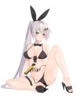  1girl animal_ears bare_legs blush breasts brown_hair cleavage closed_mouth eyebrows_visible_through_hair fake_animal_ears five-seven_(girls_frontline) girls_frontline grey_hair gun hairband high_heels holding holding_gun holding_weapon large_breasts long_hair looking_at_viewer navel ponytail rabbit_ears sitting solo suisai very_long_hair weapon 
