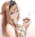  1girl bangs bare_shoulders blonde_hair blue_eyes braid breasts crown cup den_(kur0_yuki) dress eyebrows_visible_through_hair french_braid from_side hair_between_eyes hairband holding holding_cup jewelry kantai_collection long_hair long_sleeves looking_at_viewer mini_crown necklace off-shoulder_dress off_shoulder sidelocks smile solo steam tea teacup warspite_(kantai_collection) 