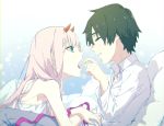  1boy 1girl black_hair candy closed_eyes couple darling_in_the_franxx feeding food green_eyes highres hiro_(darling_in_the_franxx) holding_candy horns leje39 long_hair looking_at_another lying lying_on_person nightgown pillow pink_hair shirt short_hair white_shirt zero_two_(darling_in_the_franxx) 