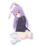  1girl :/ animal_ears arched_back ass bangs between_legs black_blazer blazer blush breasts brown_eyes bunny_tail closed_mouth collared_shirt commentary_request eyebrows_visible_through_hair hair_between_eyes hand_between_legs head_tilt jacket korean_commentary large_breasts lavender_hair long_hair looking_at_viewer no_pants panties rabbit_ears reisen_udongein_inaba seiza shirt simple_background sitting solo tail tareme thigh-highs touhou underwear wariza white_background white_legwear white_panties white_shirt z_loader 