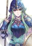  1girl armor belt blue_armor blue_eyes breastplate closed_mouth detached_sleeves fingerless_gloves fire_emblem fire_emblem:_souen_no_kiseki gloves green_eyes green_hair helmet holding holding_shield holding_spear holding_weapon kokouno_oyazi long_hair nephenee polearm shield solo spear standing weapon 