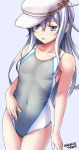  1girl artist_name blue_eyes competition_swimsuit covered_navel cowboy_shot dated flat_chest grey_background grey_swimsuit hammer_and_sickle hat hibiki_(kantai_collection) highres kantai_collection long_hair one-piece_swimsuit open_mouth remodel_(kantai_collection) silver_hair simple_background solo swimsuit tsuchimiya verniy_(kantai_collection) white_hat 