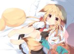  1girl animal_ears backpack bag bangs barefoot bed_sheet black_dress blonde_hair blush bow brown_eyes brown_hair closed_mouth commentary_request dress eyebrows_visible_through_hair fox_ears fox_girl fox_tail frilled_pillow frills gradient_hair hair_between_eyes hair_bow kushida_you long_hair long_sleeves looking_at_viewer lying multicolored_hair necktie on_back original pillow red_bow red_neckwear shirt short_necktie sleeveless sleeveless_dress sleeves_past_wrists solo tail very_long_hair white_shirt 