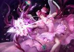  1girl absurdly_long_hair arrow bow bow_(weapon) breasts check_character dated double_bun drawing_bow dress flower gloves hair_bow jianyi_(quadra) kaname_madoka long_hair looking_to_the_side magical_girl mahou_shoujo_madoka_magica parted_lips petals pink_bow pink_dress pink_hair small_breasts solo spoilers very_long_hair weapon white_gloves white_wings wings 
