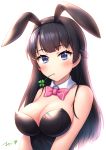  1girl animal_ears bangs bare_shoulders black_hair black_hairband black_leotard blue_eyes blush bow bowtie braid breasts cleavage clover commentary_request detached_collar eyebrows_visible_through_hair fake_animal_ears four-leaf_clover hairband large_breasts leotard long_hair mouth_hold nijisanji oyaji-sou pink_neckwear rabbit_ears signature simple_background solo tsukino_mito very_long_hair white_background white_collar wing_collar 
