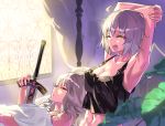  2girls ;o ahoge armpits arms_up bare_shoulders bed breasts camisole canopy_bed character_request cleavage closed_eyes collarbone dark_excalibur day eyebrows_visible_through_hair fate_(series) indoors jeanne_d&#039;arc_(alter)_(fate) jeanne_d&#039;arc_(fate)_(all) large_breasts leaf lying multiple_girls on_back on_bed one_eye_closed open_mouth parted_lips pillow shiny shiny_hair short_hair silver_hair sleeping stretch sunlight tears tsurukame under_covers upper_body waking_up window yawning yellow_eyes 