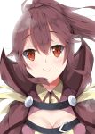  1girl anna_(fire_emblem) bangs blush breasts brown_eyes brown_hair brown_jacket cleavage closed_mouth commentary_request eyebrows_visible_through_hair fire_emblem fire_emblem:_kakusei hair_between_eyes head_tilt high_collar high_ponytail jacket long_hair looking_at_viewer medium_breasts milkpanda open_clothes open_jacket ponytail portrait sidelocks simple_background smile solo white_background 