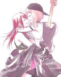  2girls arm_belt backwards_hat bang_dream! baseball_cap black_bra black_hat bra carrying cloak crop_top earrings face-to-face group_name guitar hat hug instrument instrument_on_back jewelry long_hair low_twintails multiple_girls open_mouth pink_hair re_ghotion redhead see-through short_sleeves smile twintails udagawa_tomoe uehara_himari underwear v-shaped_eyebrows yuri 