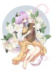  1girl absurdres barefoot biwa_lute double_dealing_character dress flower highres hysteria instrument lute_(instrument) music playing_instrument purple_hair solo touhou tsukumo_benben violet_eyes 