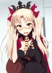  1girl adjusting_eyewear bangs bespectacled black_cape blonde_hair blurry breasts cape commentary_request depth_of_field detached_collar ereshkigal_(fate/grand_order) fate/grand_order fate_(series) glasses highres kuroshiro_(ms-2420) long_hair looking_at_viewer medium_breasts multicolored multicolored_cape multicolored_clothes open_mouth parted_bangs red-framed_eyewear red_cape red_eyes semi-rimless_eyewear single_sleeve skull solo spine tiara two_side_up under-rim_eyewear upper_body wavy_mouth 