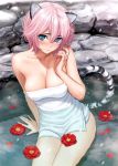  1girl 3: absurdres animal_ears arm_support bangs bare_shoulders blue_eyes blush breasts camellia cleavage collarbone flower hair_between_eyes highres homunculus_(artist) large_breasts lips looking_at_viewer naked_towel navel partially_submerged petals pink_hair scan short_hair sitting solo tail tiger_ears tiger_tail toranoana towel water wet 