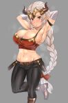  1girl :o aliza_(granblue_fantasy) arm_strap armpits arms_behind_head arms_up bandage bandaged_arm belt belt_buckle black_pants blush boots bow braid breasts brown_footwear buckle bursting_breasts cleavage collarbone feet_out_of_frame granblue_fantasy grey_background hair_bow horns knee_boots large_breasts leg_up long_hair looking_at_viewer navel open_mouth pants pointy_ears red_bow red_eyes shiny shiny_skin silver_hair simple_background single_braid solo standing standing_on_one_leg steaming_body stomach sweat tomliat very_long_hair 