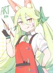  1girl :q animal_ears apron art556_(girls_frontline) bangs black_gloves boca bolo_tie bow breasts brown_eyes character_name closed_mouth collared_shirt commentary_request dot_nose eyebrows_visible_through_hair fox_ears fox_girl girls_frontline gloves green_bow green_hair green_neckwear hair_between_eyes hair_bow hand_on_hip hand_up korean_commentary long_hair looking_at_viewer paint_on_clothes paint_on_face paint_stains paintbrush parted_bangs partly_fingerless_gloves plaid plaid_bow pocket puffy_short_sleeves puffy_sleeves red_apron shirt short_sleeves signature simple_background single_glove small_breasts smile solo tongue tongue_out twintails upper_body v-shaped_eyebrows very_long_hair white_background white_pupils white_shirt wing_collar 