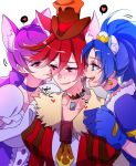  3girls animal_ears blue_eyes blue_gloves blue_hair blush cat_ears choker cure_chocolat cure_gelato cure_macaron dog_ears earrings extra_ears fang girl_sandwich gloves hat heart jewelry kenjou_akira kirakira_precure_a_la_mode kotozume_yukari licking lion_ears looking_at_another magical_girl multiple_girls negom open_mouth precure purple_hair red_eyes redhead sandwiched simple_background smile spoken_heart tategami_aoi tongue tongue_out violet_eyes white_background yuri 