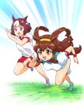  2girls animal_ears battle_athletes brown_eyes brown_hair commentary_request crossover gym_uniform hairband highres horse_ears horse_tail kanzaki_akari kemonomimi_mode long_hair low-tied_long_hair multicolored_hair multiple_girls open_mouth red_shorts running shirt short_hair shorts sidelocks special_week speed_lines tail two-tone_hair ueyama_michirou umamusume violet_eyes white_footwear white_shirt wristband 