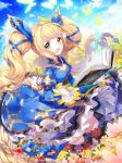  1girl :d ahoge blonde_hair blue_dress blue_ribbon blue_sky blush book breasts bug butterfly choker cleavage clouds cpkon day dress field floating_hair flower flower_field green_eyes hair_ribbon highres insect layered_dress long_hair looking_at_viewer magic open_book open_mouth outdoors ribbon shadowverse sky smile solo twintails very_long_hair 