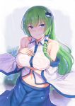  1girl bangs bare_shoulders blue_eyes blue_skirt blush breast_hold breasts cai_geng closed_mouth collared_shirt detached_sleeves eyebrows_visible_through_hair green_hair hair_ornament hair_tubes hand_on_own_chest highres kochiya_sanae large_breasts long_hair looking_at_viewer looking_away midriff rain see-through shirt skirt snake_hair_ornament solo standing touhou wet wet_clothes white_shirt wing_collar 
