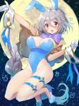  1girl :d animal_ears arm_up bangs blue_footwear blue_leotard blush bow bowtie breasts bunnysuit eyebrows_visible_through_hair full_moon gloves grey_hair hand_up hayama_eishi high_heels large_breasts leotard looking_at_viewer moon open_mouth purple_bow rabbit_ears red_eyes short_hair smile solo tareme thigh_strap thighs white_gloves 