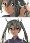  1girl blush ebizome eyebrows_visible_through_hair green_hair grey_hair hair_between_eyes hair_ribbon kantai_collection long_hair looking_at_viewer petals remodel_(kantai_collection) ribbon smile solo tasuki twintails white_ribbon zuikaku_(kantai_collection) 