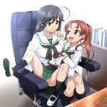  2girls :d ahoge black_eyes black_hair bookshelf breasts brown_eyes brown_hair collarbone commentary_request desk drawer feeding flat_chest girls_und_panzer hand_on_another&#039;s_shoulder isuzu_hana kadotani_anzu long_hair medium_breasts multiple_girls nakahira_guy ooarai_school_uniform open_mouth panties sitting sitting_on_lap sitting_on_person smile swivel_chair thighs twintails underwear white_panties 