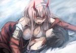  1boy 1girl black_hair blood braid breasts cleavage closed_eyes couple darling_in_the_franxx hairband herozu_(xxhrd) hetero hiro_(darling_in_the_franxx) horns large_breasts long_hair military military_uniform oni_horns open_clothes pink_hair red_eyes red_horns red_pupils short_hair uniform vampire white_hairband zero_two_(darling_in_the_franxx) 