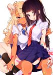  2girls :p bandaid bangs black_hair blonde_hair blue_eyes blunt_bangs breasts dark_skin eyebrows_visible_through_hair hair_ornament hairclip highres kneehighs legs_crossed long_hair looking_at_viewer mika_pikazo multiple_girls necktie original pleated_skirt school_uniform simple_background sitting sitting_on_person skirt smile tongue tongue_out violet_eyes white_background white_legwear 