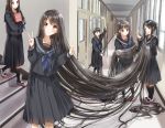  5girls absurdly_long_hair black_eyes black_hair black_serafuku black_skirt brown_eyes commentary_request double_v grin holding_another&#039;s_hair indoors leaning_to_the_side long_hair long_skirt looking_at_viewer multiple_girls original pentagon_(railgun_ky1206) pleated_skirt school school_uniform serafuku skirt smile stairs v very_long_hair walking 