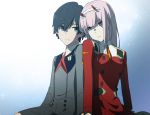  1boy 1girl black_hair blue_eyes couple darling_in_the_franxx green_eyes highres hiro_(darling_in_the_franxx) horns leje39 long_hair military military_uniform necktie orange_neckwear pink_hair red_neckwear short_hair uniform zero_two_(darling_in_the_franxx) 