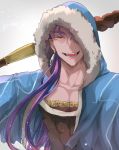  1boy blue_shawl comeow1208 cu_chulainn_(fate/grand_order) earrings fang fate/grand_order fate_(series) grey_background hood jewelry lancer long_hair looking_at_viewer male_focus purple_hair red_eyes simple_background smile solo staff upper_body 