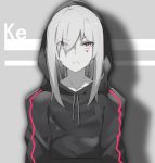  &gt;:( 1girl bangs black_hoodie closed_eyes collarbone commentary_request drawstring eyebrows_visible_through_hair facial_mark grey_eyes hair_over_one_eye highres hood hood_up long_hair long_sleeves looking_at_viewer meng_ge_3_(565571710) original silver_hair solo v-shaped_eyebrows 