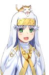  1girl :3 animal animal_on_head cat cat_on_head green_eyes habit index looking_at_viewer nun on_head purple_hair raika9 robe safety_pin simple_background sphinx_(index) to_aru_majutsu_no_index upper_body veil white_background white_robe 