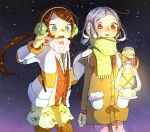  2girls artist_request brown_hair commentary_request earmuffs gloves green_eyes hair_ornament hairclip highres jacket lantern long_hair low_twintails mittens multiple_girls night night_sky original red_eyes scarf silver_hair sky star_(sky) starry_sky twintails 