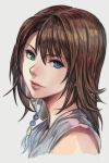  1girl bangs blue_eyes brown_hair face final_fantasy final_fantasy_x green_eyes hair_ornament hankuri heterochromia japanese_clothes jewelry lips looking_at_viewer medium_hair parted_lips portrait simple_background smile solo white_background yuna_(ff10) 