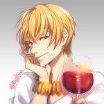  1girl ahngkeut alcohol bangs blonde_hair bracelet closed_mouth cup drinking_glass fate/zero fate_(series) gilgamesh gradient gradient_background grey_background hand_on_own_cheek holding holding_drinking_glass jewelry male_focus necktie red_eyes shiny shiny_hair shirt smile solo twitter_username upper_body v-shaped_eyebrows white_shirt wine wine_glass 