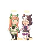  2girls animal_ears bangs black_legwear blunt_bangs brown_hair chibi dyx_(asdiandyx) ear_covers green_eyes hairband halo hand_holding horse_ears horse_tail long_hair multicolored_hair multiple_girls open_mouth orange_hair pleated_skirt school_uniform short_hair silence_suzuka skirt smile special_week tail thigh-highs two-tone_hair umamusume white_skirt 