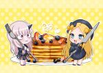  2girls abigail_williams_(fate/grand_order) bags_under_eyes bangs black_bow black_dress black_footwear black_hat blonde_hair blue_eyes blueberry blush bow bug butterfly chibi commentary_request dress fate/grand_order fate_(series) food forehead fork fruit gaota hair_bow hat heart holding holding_fork holding_knife horn insect knife lavinia_whateley_(fate/grand_order) long_hair long_sleeves multiple_girls orange_bow oversized_object pancake parted_bangs plate polka_dot polka_dot_background polka_dot_bow red_footwear sleeves_past_fingers sleeves_past_wrists stack_of_pancakes standing syrup upper_teeth very_long_hair violet_eyes yellow_background 