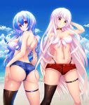  2girls ass ass_visible_through_thighs back bare_arms bare_shoulders beach bikini_top black_legwear blue_hair blue_shorts blue_sky breasts choker cleavage closed_mouth clouds day from_behind front-tie_bikini front-tie_top fujiwara_no_mokou grin hand_on_hip head_tilt highleg highleg_panties hijikawa_arashi kamishirasawa_keine large_breasts legs_apart long_hair looking_at_viewer looking_back medium_breasts multicolored_hair multiple_girls navel outdoors panties red_eyes red_shorts short_shorts shorts single_thighhigh skindentation sky smile standing strapless strapless_bikini summer teeth thigh-highs thigh_strap touhou underwear wavy_hair white_bikini_top white_hair 