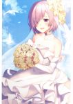  absurdres blue_sky blush bouquet bridal_gauntlets bridal_veil clouds cloudy_sky cowboy_shot day dress elbow_gloves fate/grand_order fate_(series) flower gloves hair_over_one_eye haru_(hiyori-kohal) highres holding holding_bouquet huge_filesize mash_kyrielight open_mouth outdoors purple_hair scan short_hair sky smile veil violet_eyes wedding_dress white_dress white_gloves 