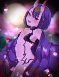  1girl :d bare_shoulders blurry blurry_background blush breasts chromatic_aberration commentary_request cup depth_of_field fangs fate/grand_order fate_(series) gaota head_tilt highres holding horns japanese_clothes kimono long_hair off_shoulder oni oni_horns open_clothes open_kimono open_mouth petals print_kimono purple_hair purple_kimono revealing_clothes sakazuki shuten_douji_(fate/grand_order) small_breasts smile solo violet_eyes 